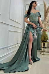 A-Line Floor-Length Stain Off-The-Shoulder Split Front Sweetheart Prom Evening Dresses with Lace